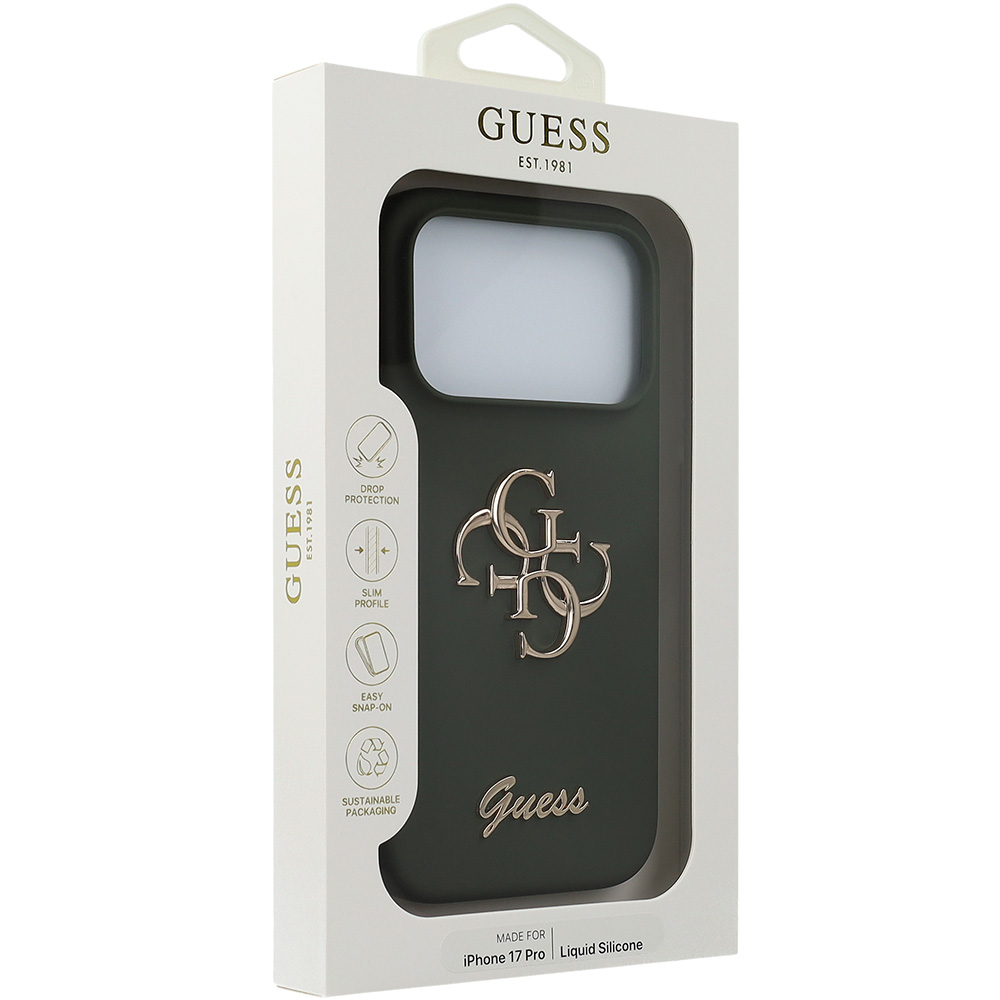 Etui Guess Hardcase Silicone Big 4G Script do iPhone 17 Pro, ciemnozielone